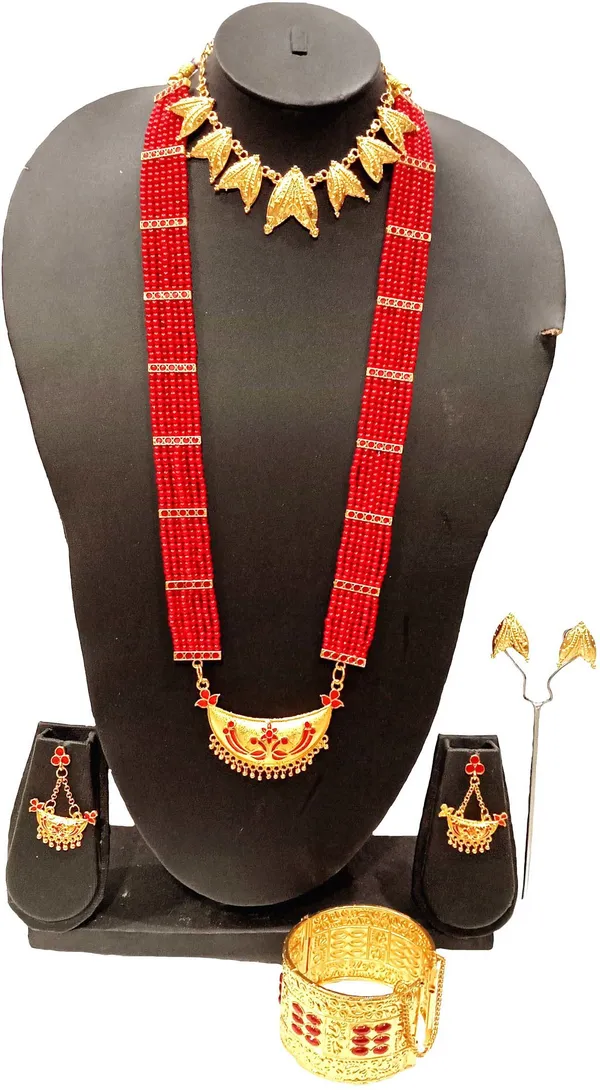 Assamese_Traditional_Gold_Plated_Red_Colour_Joonbiri_Tassel_Jewellery_Set_For_Women